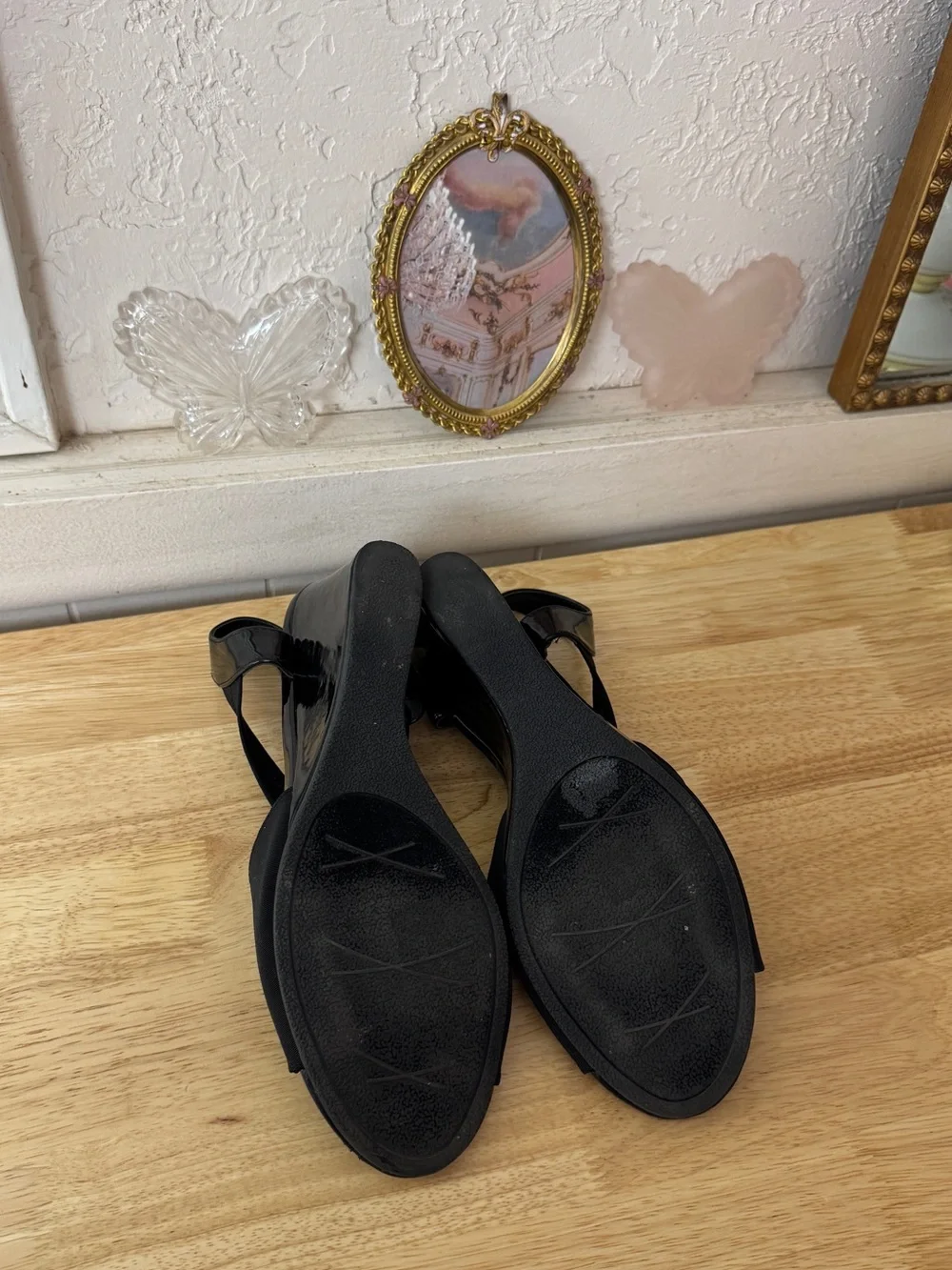 IMPO Black Stretch Slingback Wedge Sandals Size 10 Y2K Peep Toe Comfort Heels